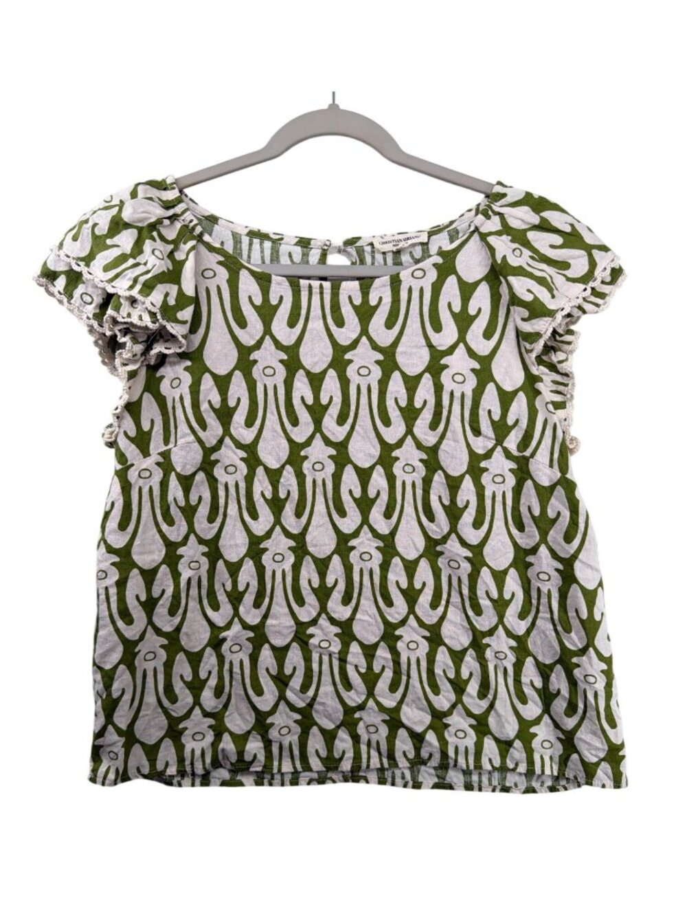 Christian Siriano Women Top Sz L Green Geometric Print Linen Blend Beachy Resort
